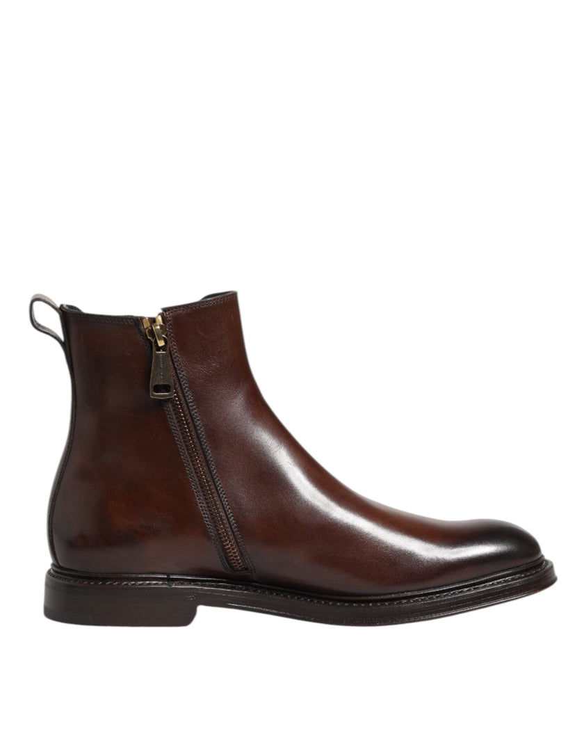 Dolce & Gabbana Braun Chelsea Leder Mid Calf Stiefel Schuhe