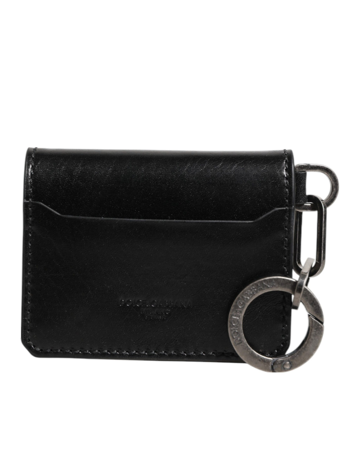 Dolce & Gabbana Wallet Black Leather with Logo Embossing Keyring Card Holder Wallet