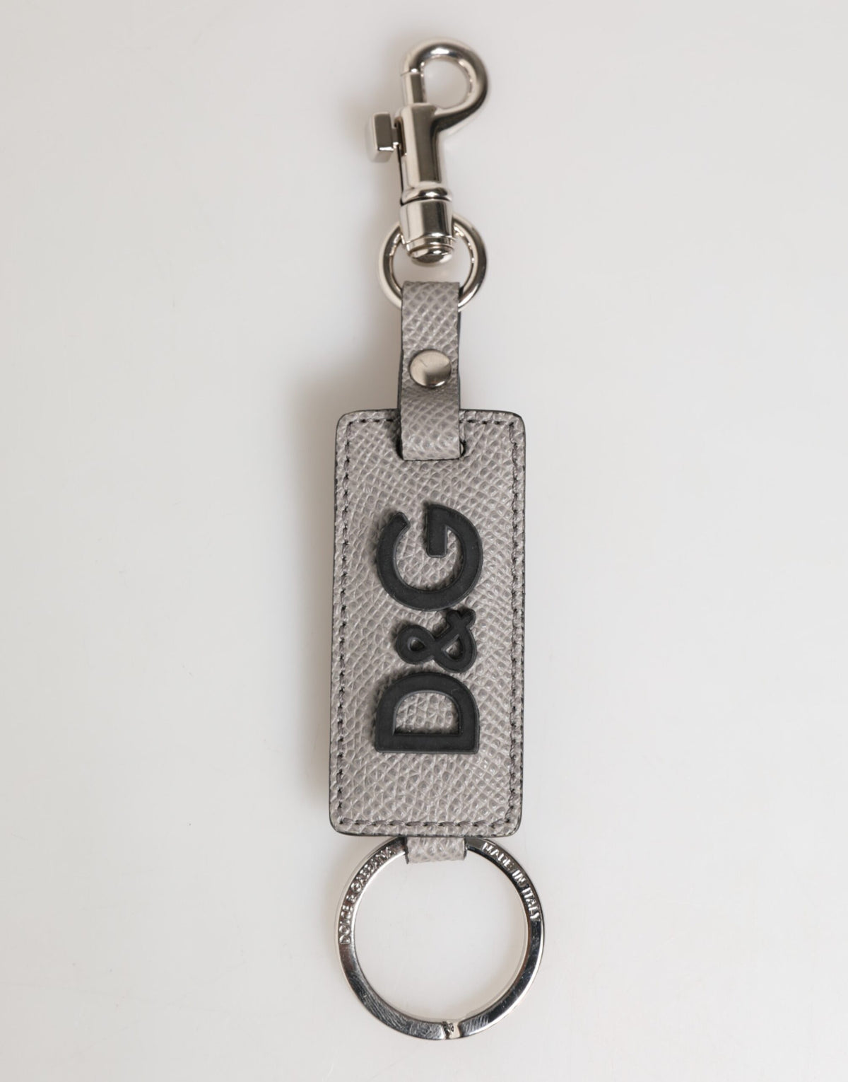 Dolce & Gabbana Gray Leather Logo Metal Ring Keychain Holder Men's Keyring