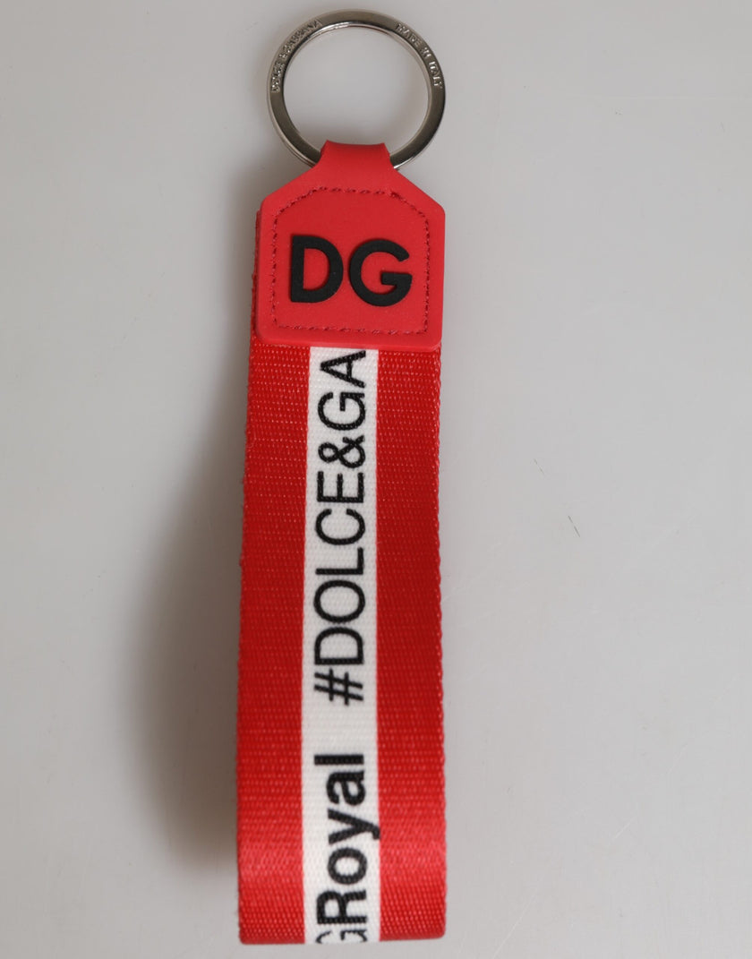 Dolce & Gabbana Schlüsselanhänger aus Polyester mit rotem Logo, Halterung aus Silbermessing