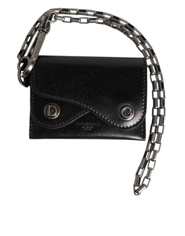 Dolce & Gabbana Schwarzes Cavallo Leder Portemonnaie Kette Druckknopf Zweifach gefalteter Kartenhalter