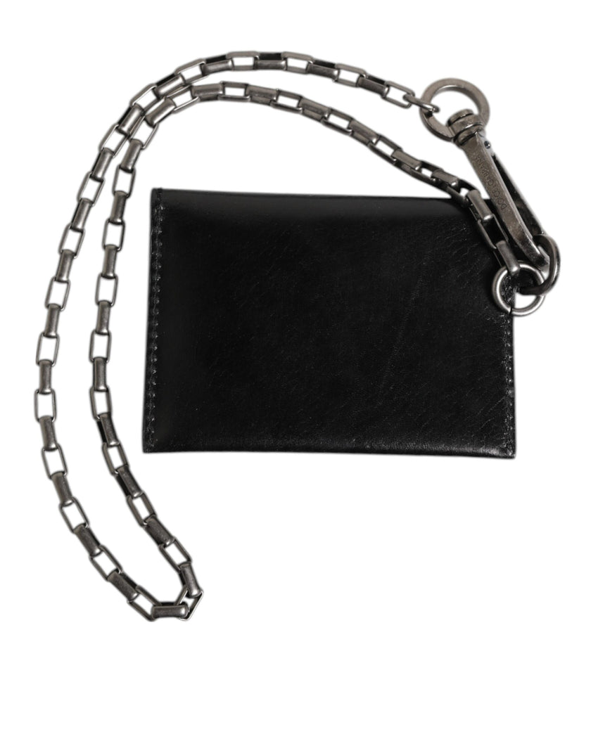 Dolce & Gabbana Schwarzes Cavallo Leder Portemonnaie Kette Snap Bifold Card Holder