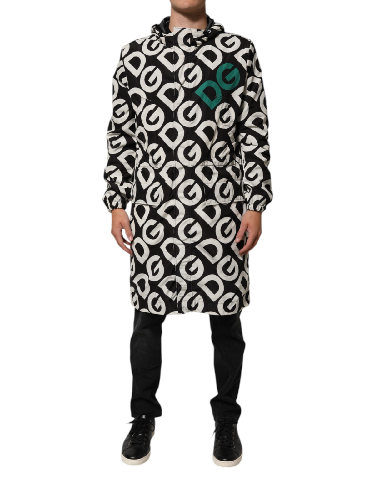 Dolce & Gabbana Schwarzer Weißer Logo Print Mantel mit Kapuze Männer Jacke