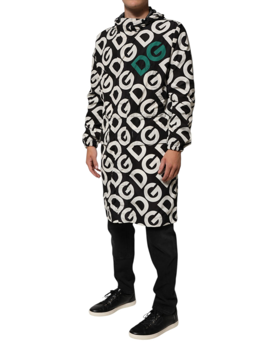 Dolce & Gabbana Schwarzer Weißer Logo Print Mantel mit Kapuze Männer Jacke