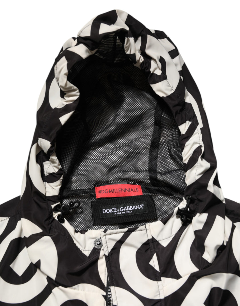 Dolce & Gabbana Schwarzer Weißer Logo Print Mantel mit Kapuze Männer Jacke