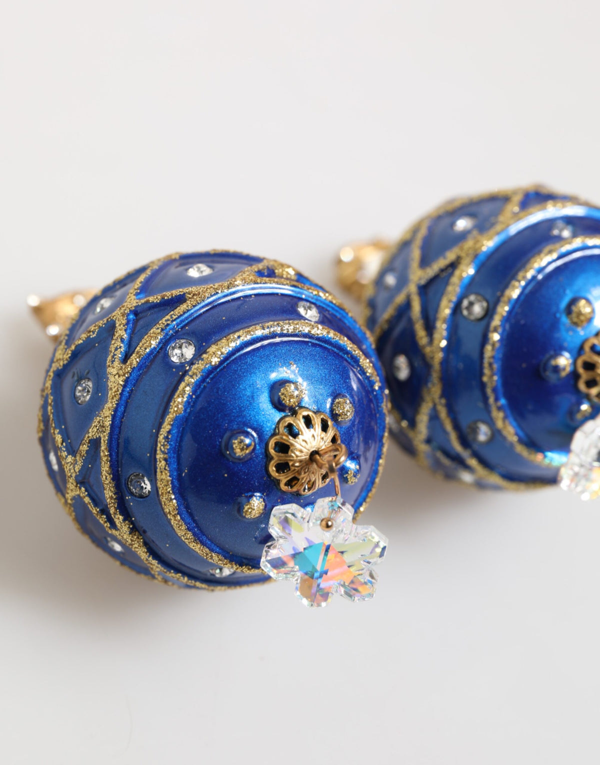Dolce & Gabbana Gold Messing Blau Weihnachten Kugel Kristall Tropfen Clip auf Ohrringe