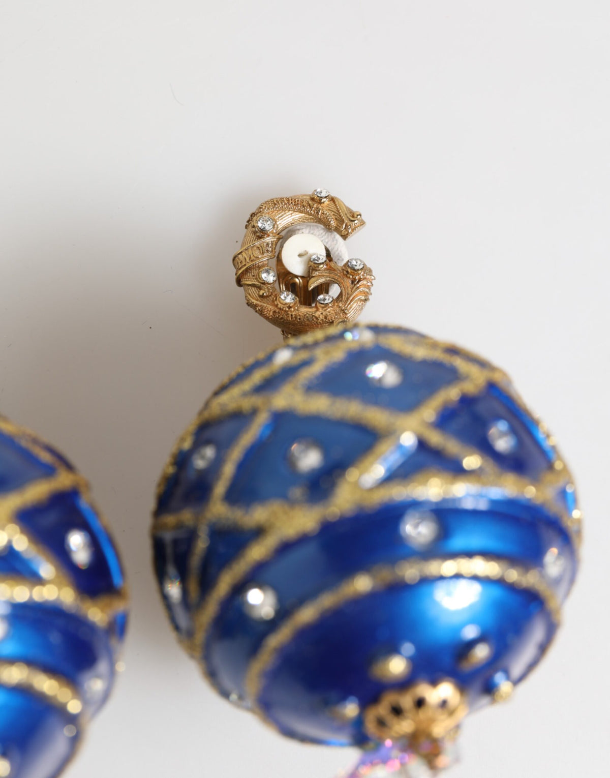 Dolce & Gabbana Gold Messing Blau Weihnachten Kugel Kristall Tropfen Clip auf Ohrringe
