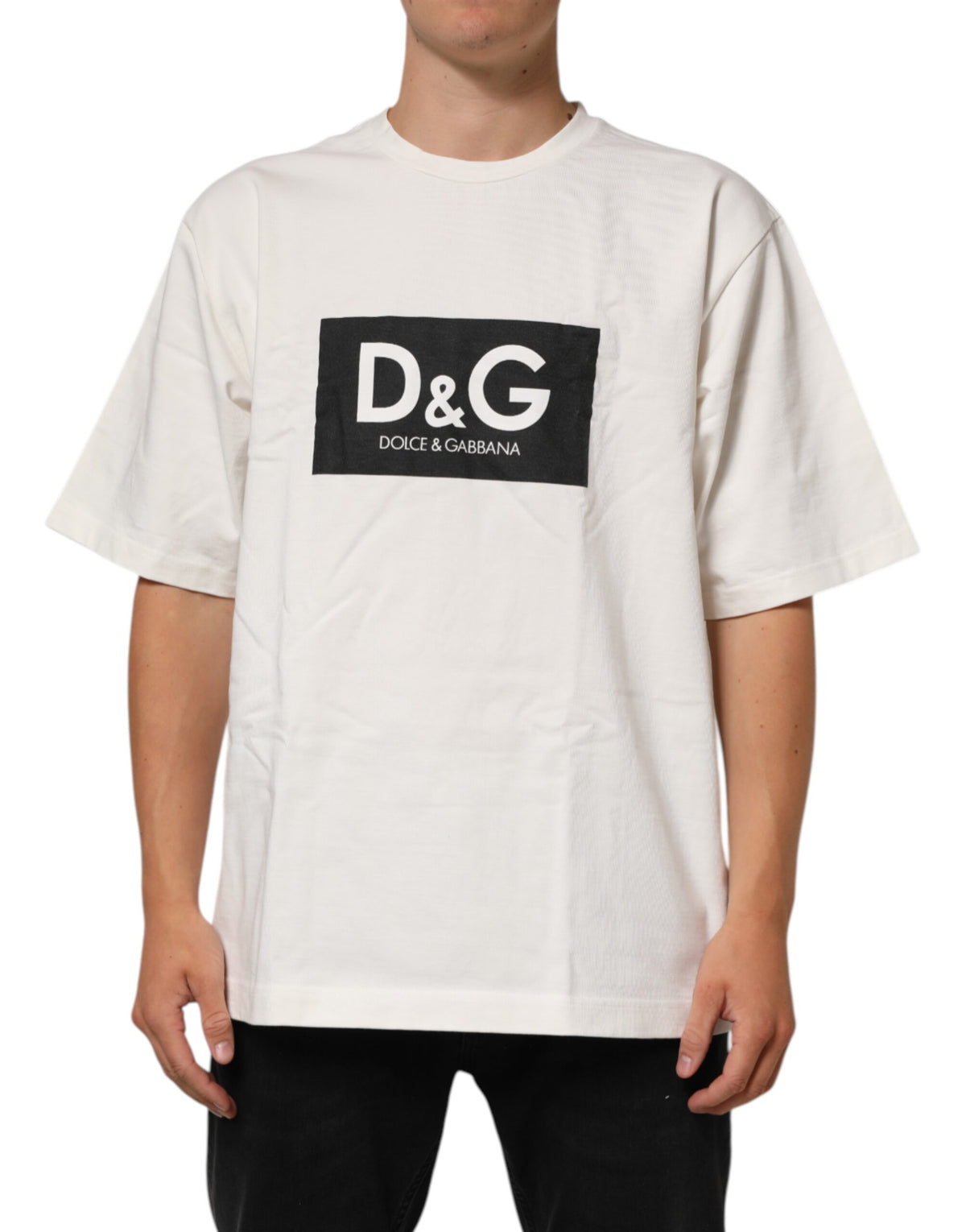 Dolce & Gabbana White Logo Print Cotton Crewneck Men's T-Shirt