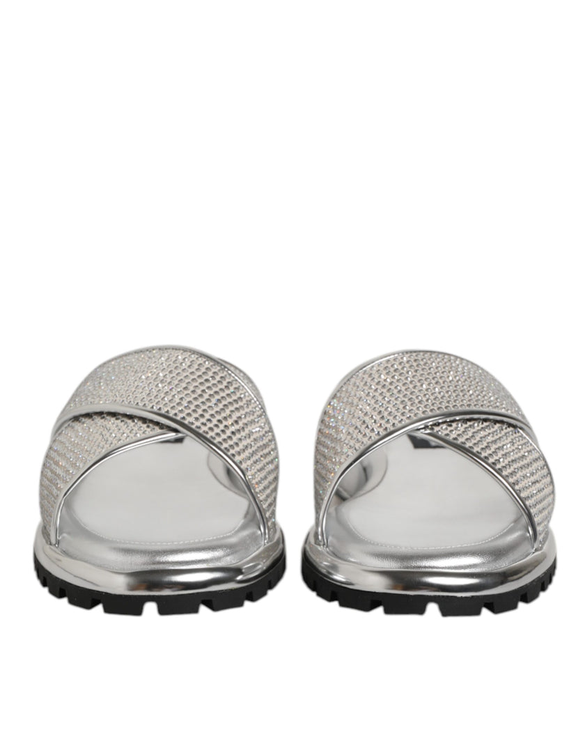 Dolce & Gabbana Silber Strass Rutschen Flats Hausschuhe Schuhe