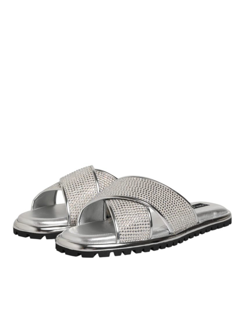 Dolce & Gabbana Silber Strass Rutschen Flats Hausschuhe Schuhe