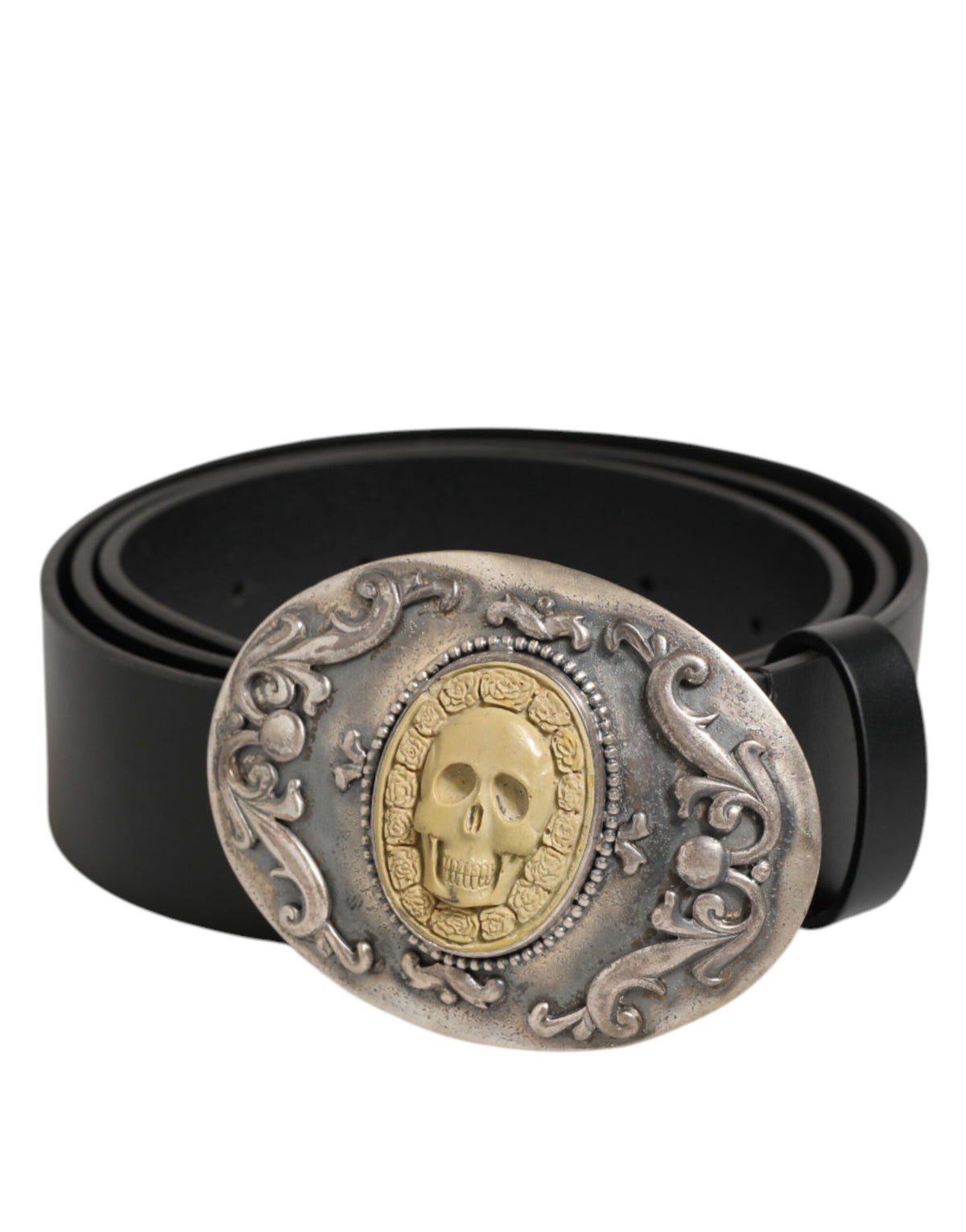 Dolce & Gabbana Men's Black Leather Belt with Ornate Metal Buckle