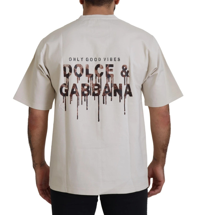 Dolce & Gabbana Elfenbeinfarbene Baumwolle Elfenbeinfarbener bedruckter Rundhalsausschnitt