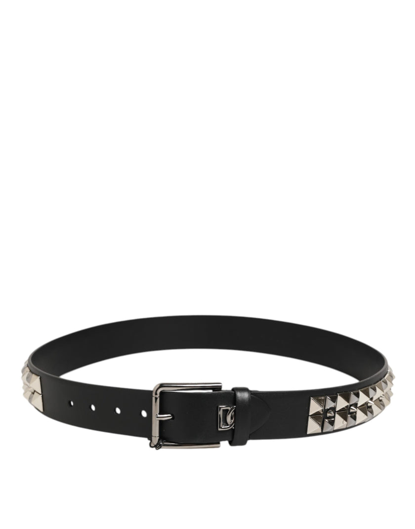 Dolce & Gabbana Schwarzer Kalbsleder Nietengürtel mit Silberschnalle