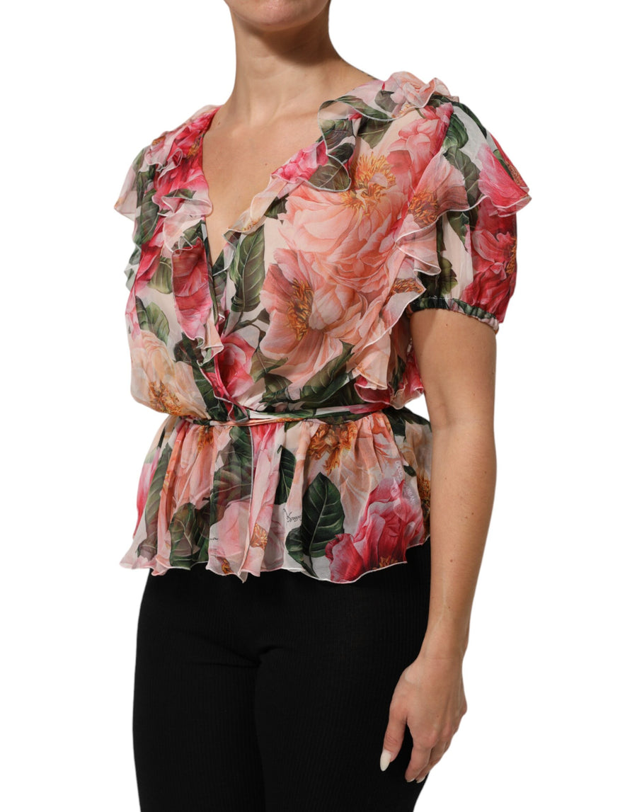 Dolce & Gabbana Pink Camellia Printed V-neck Silk Blouse Top