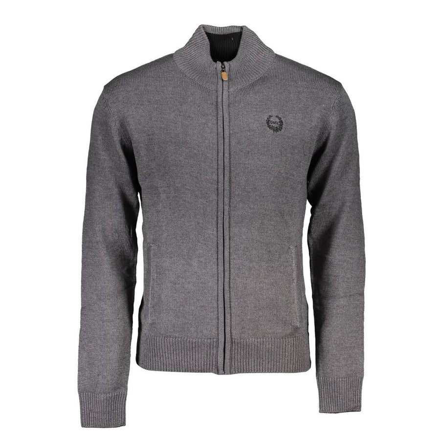 Gianmarco Venturi grauer Baumwoll-Cardigan mit Reißverschluss, praktischen Taschen und feiner Logo-Stickerei vorne links am Brustbereich