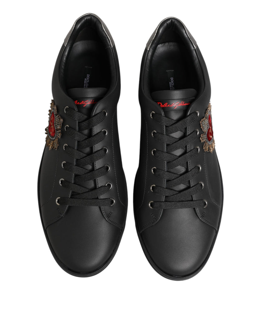 Dolce & Gabbana Schwarze Leder-Sneakers mit Herz-Verzierung