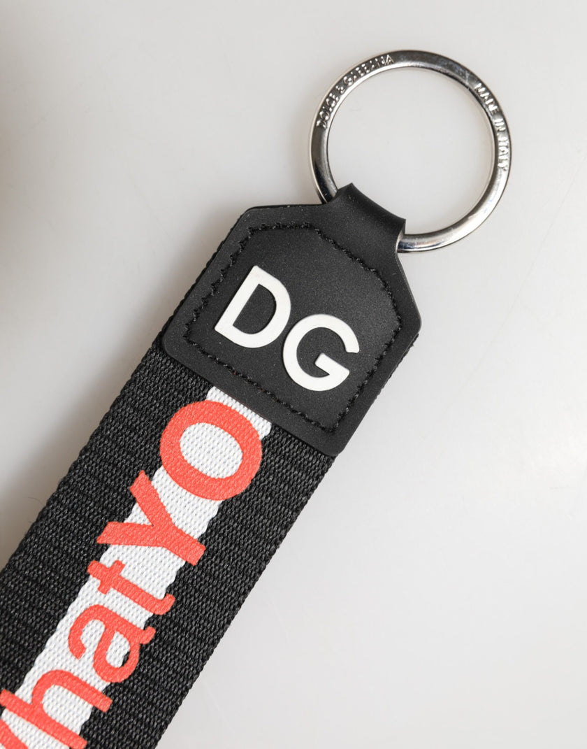 Dolce & Gabbana Schwarzer Polyester-Logo-Schlüsselanhänger mit Messing in Silberoptik