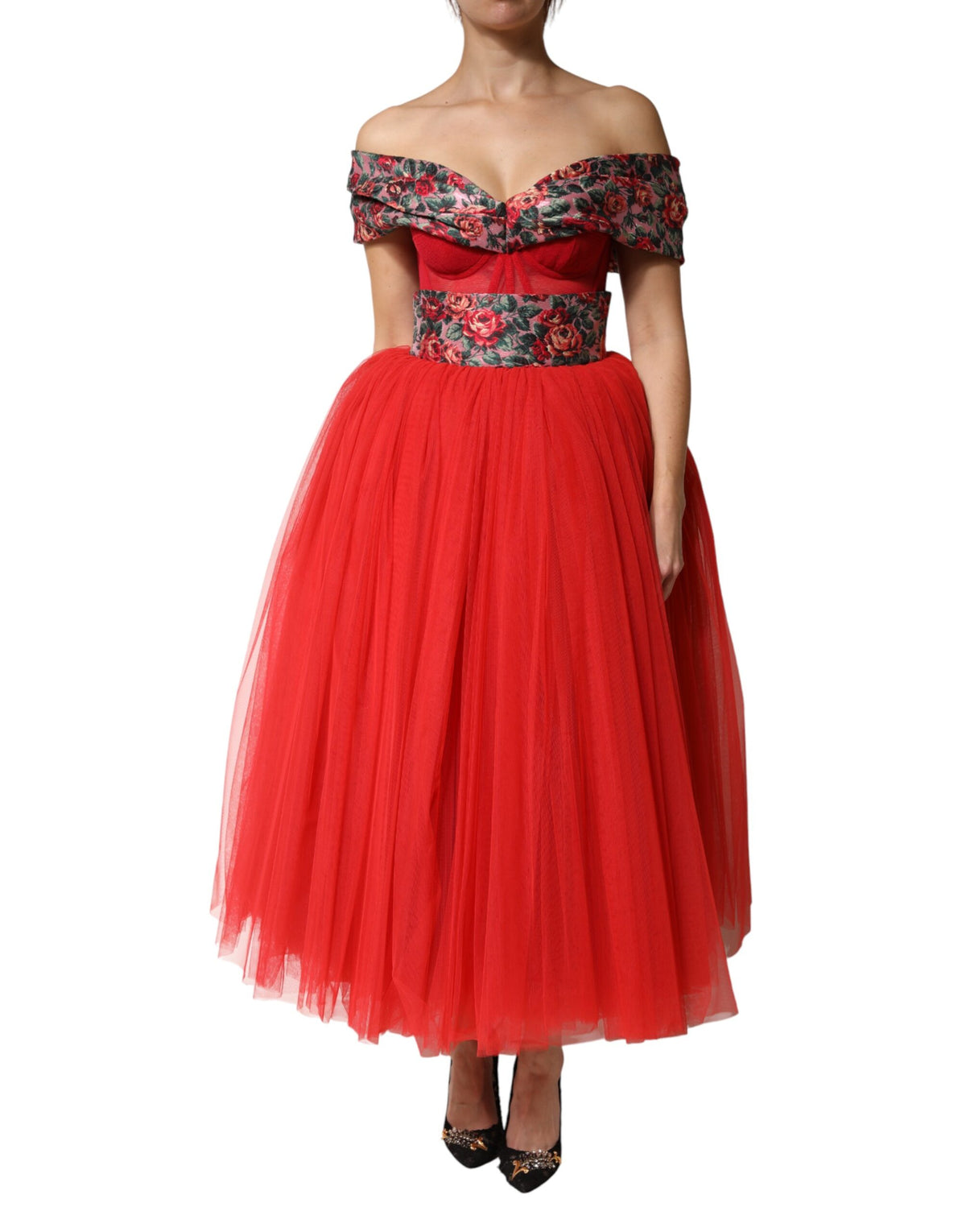 Dolce & Gabbana Red Floral Off-the-Shoulder A-Line Evening Gown
