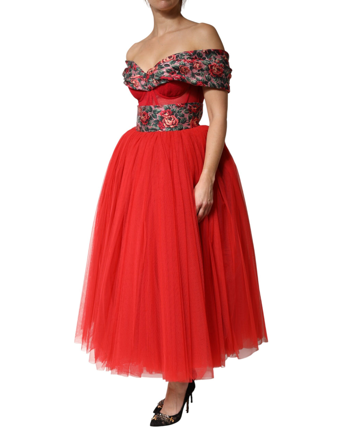 Dolce & Gabbana Red Floral Off-the-Shoulder A-Line Evening Gown