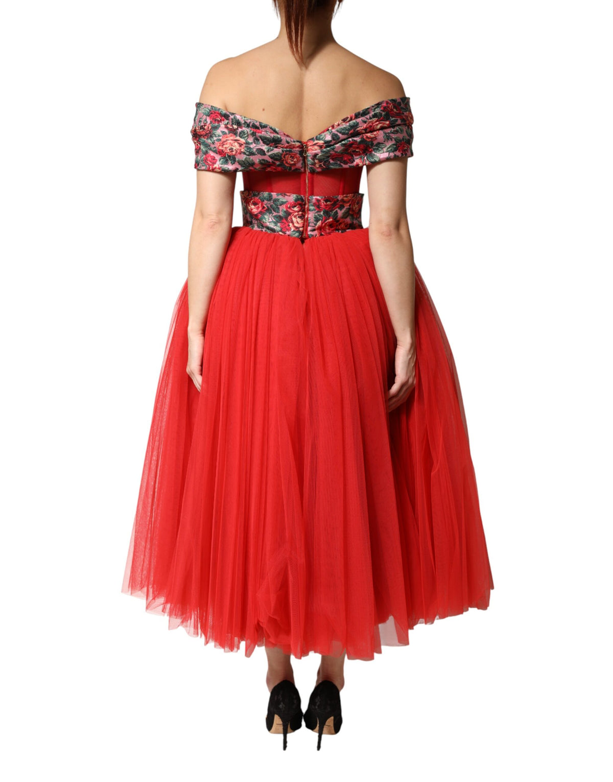 Dolce & Gabbana Red Floral Off-the-Shoulder A-Line Evening Gown
