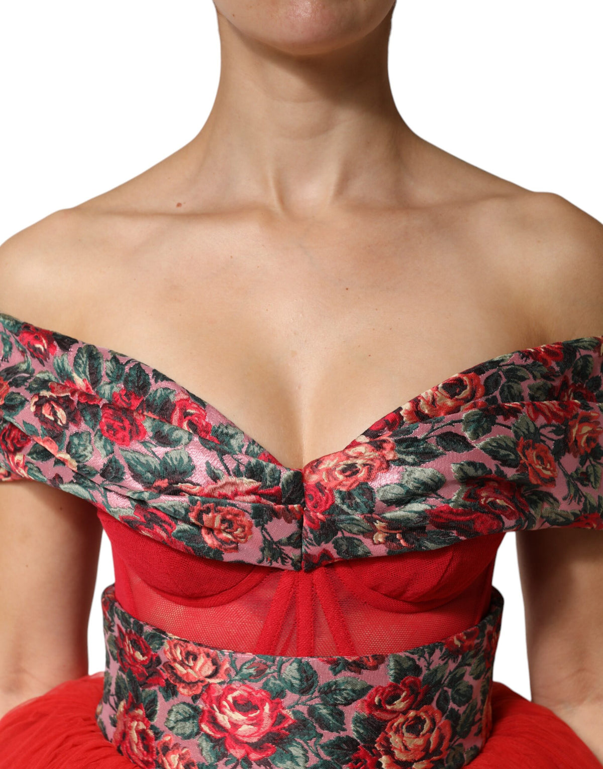 Dolce & Gabbana Red Floral Off-the-Shoulder A-Line Evening Gown