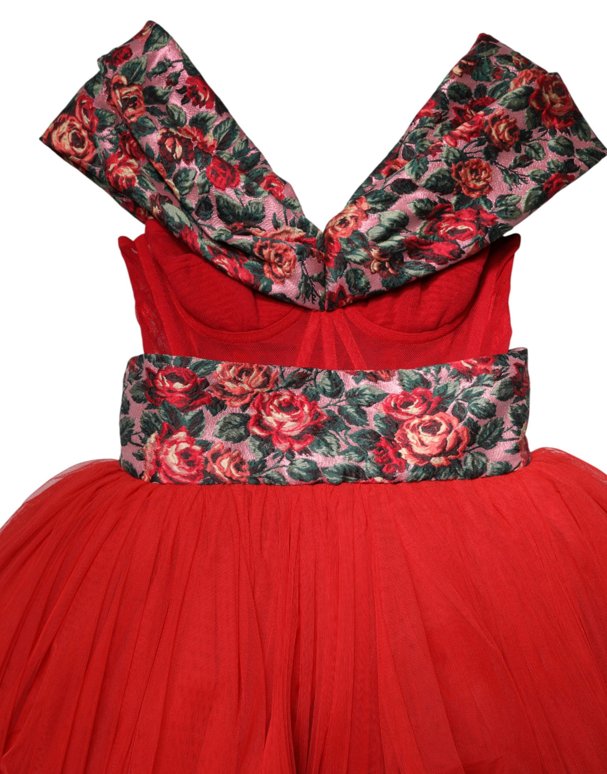 Dolce & Gabbana Red Floral Off-the-Shoulder A-Line Evening Gown